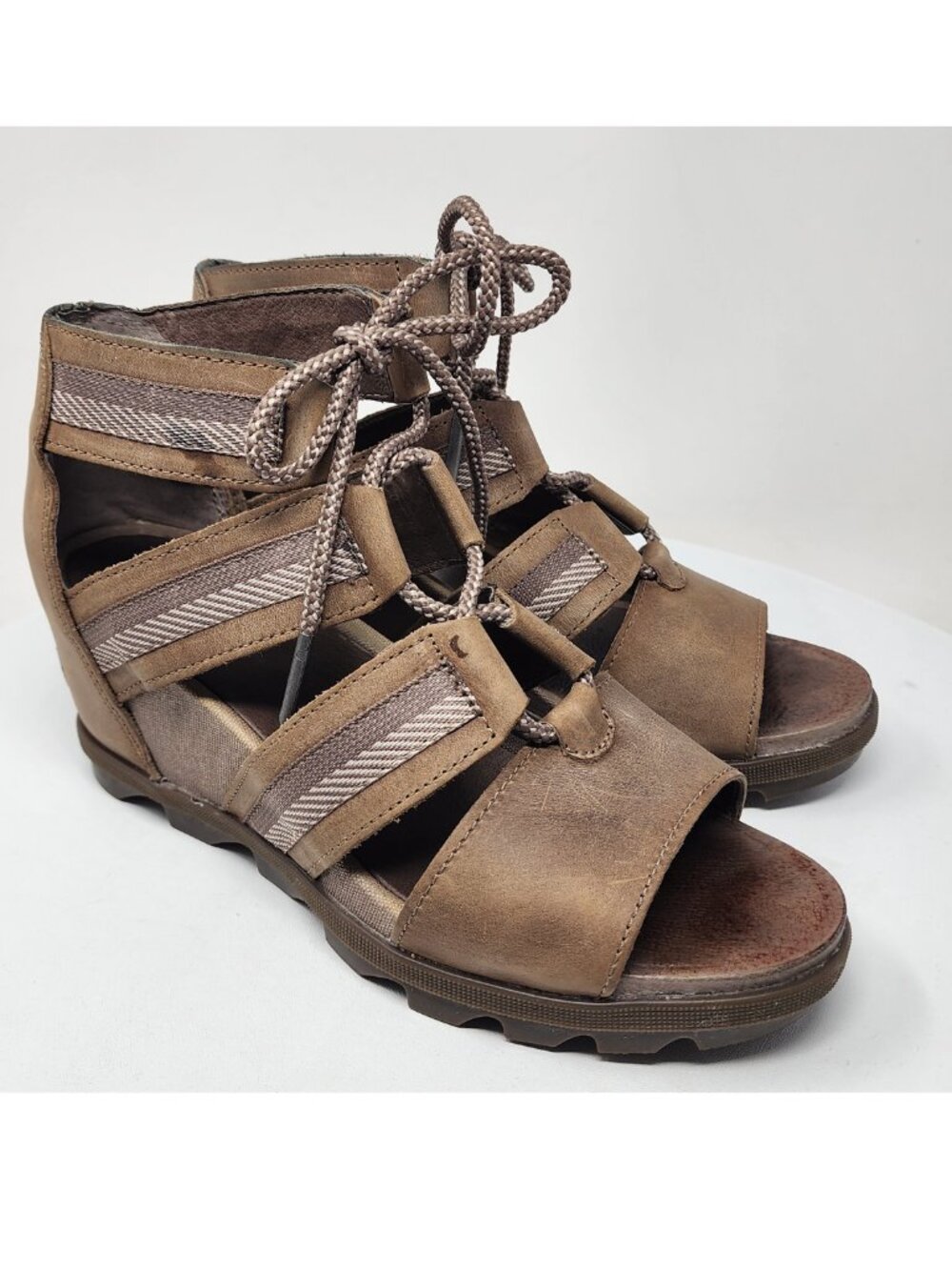 Sorel Joanie II Wedge Sandal Women 9.5 Taupe Tan Leather & Canvas NL3272-240